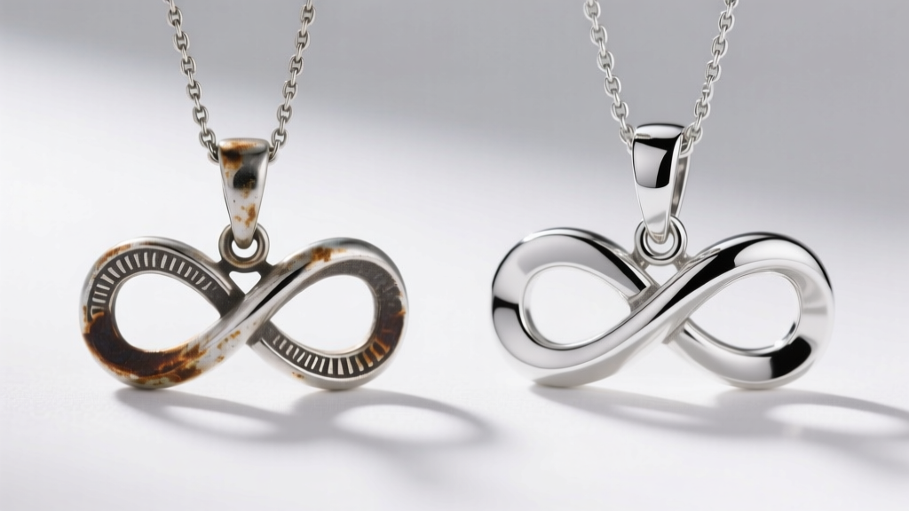 Side-by-side comparison of a tarnished sterling silver infinity pendant and a bright rhodium-plated version under studio lighting.
