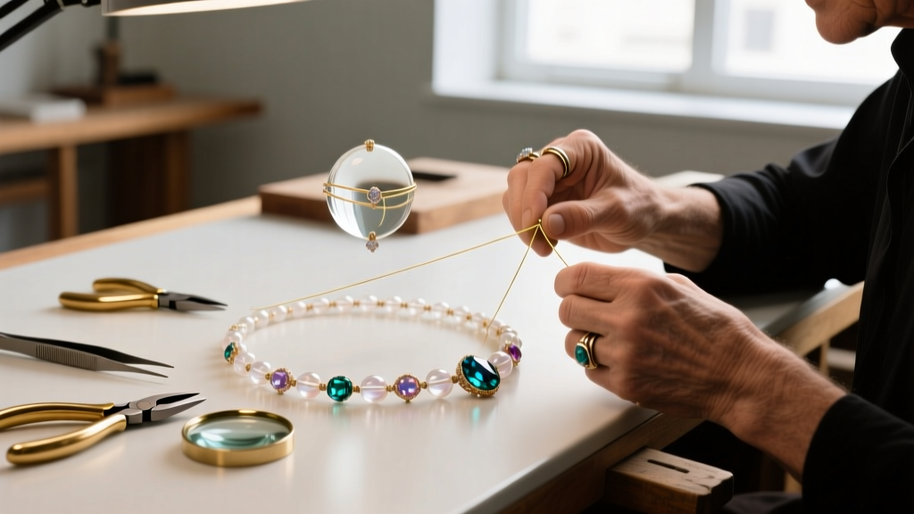 Jeweler workbench showing an illusion necklace restrung with fluorocarbon line, with pliers and a jeweler's loupe nearby.