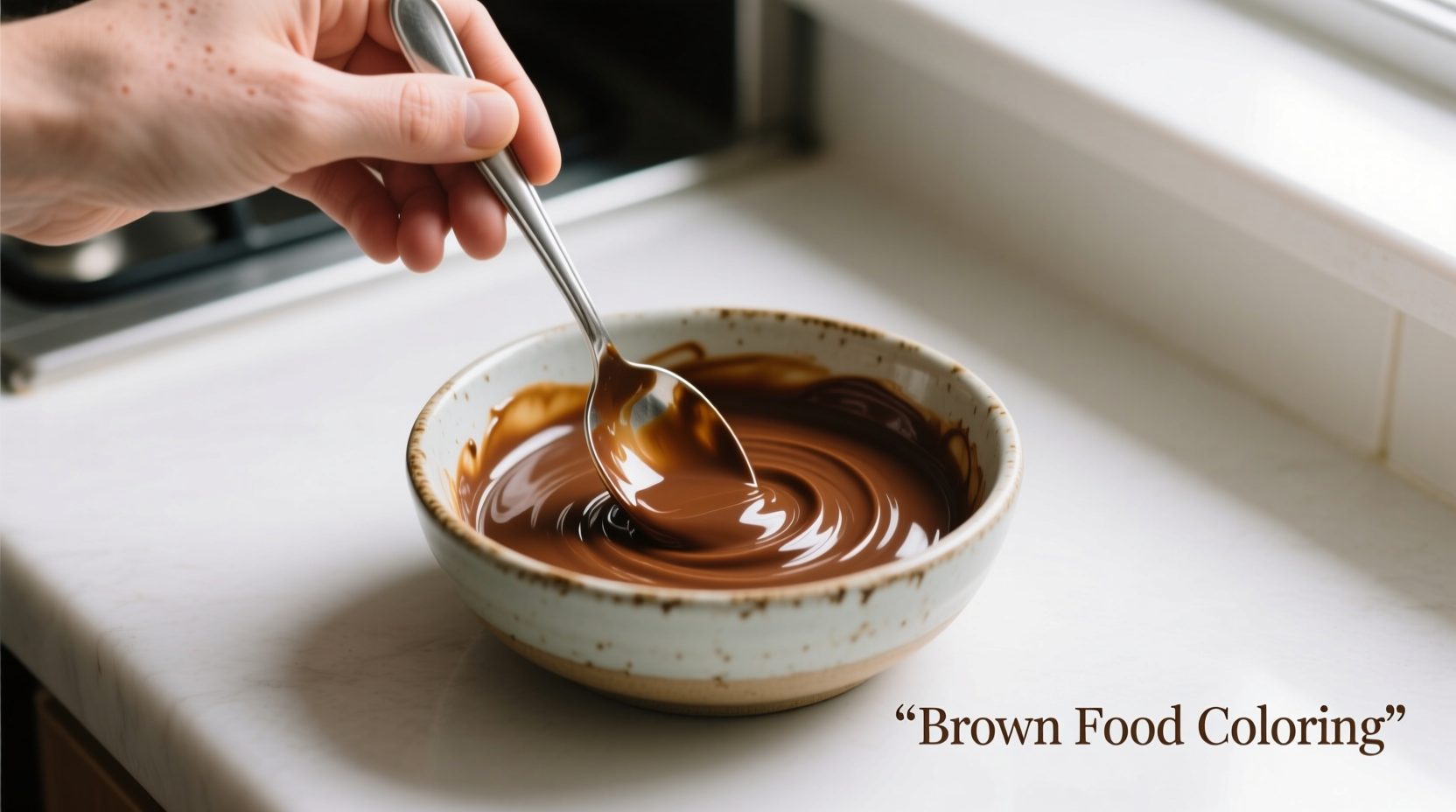 Hand mixing brown food coloring in small bowl