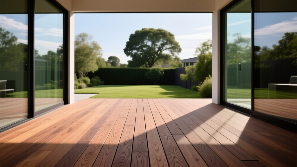 Textured capped composite wood decking boards in warm mahogany tones installed on a modern backyard deck with glass railings