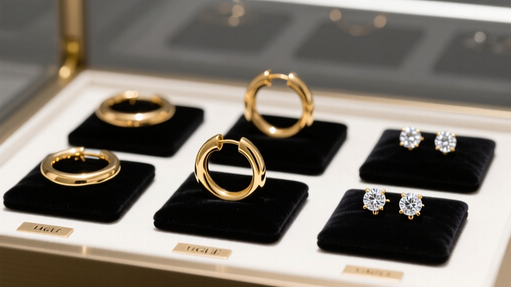 Boutique jewelry display case featuring 14k gold huggie hoops and lab-grown diamond stud earrings resting on dark velvet pads