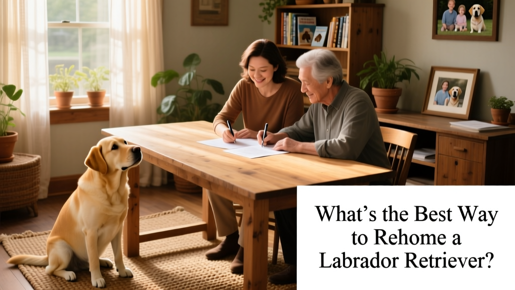 Two people signing a rehoming agreement while a calm Labrador sits nearby