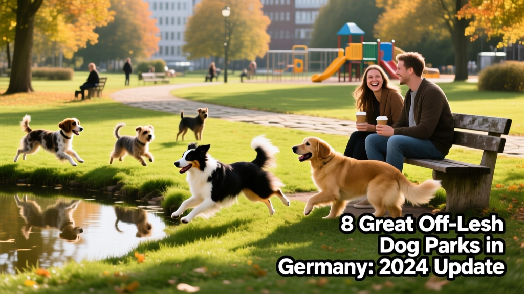 A lively, grassy off-leash zone in Hamburg's Stadtpark with dogs playing and owners chatting on benches near a small pond