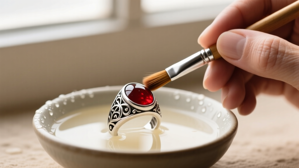 Jeweler hands using soft bristle brush to gently clean vintage silver bloodstone signet ring in a bowl of warm, mild soapy water.