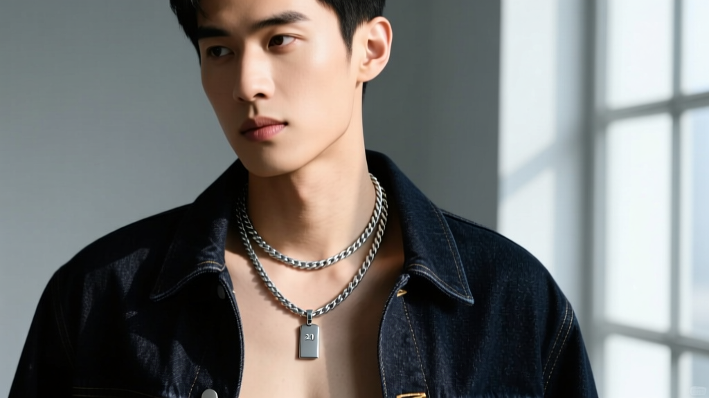 Portrait of a man layering a 20-inch silver pendant necklace with a 24-inch plain rope chain over an open dark denim jacket.