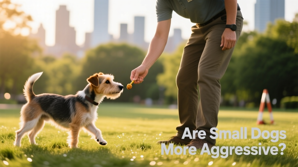 A trainer calmly guiding a small dog through a ‘leave-it’ exercise using treats and gentle hand signals