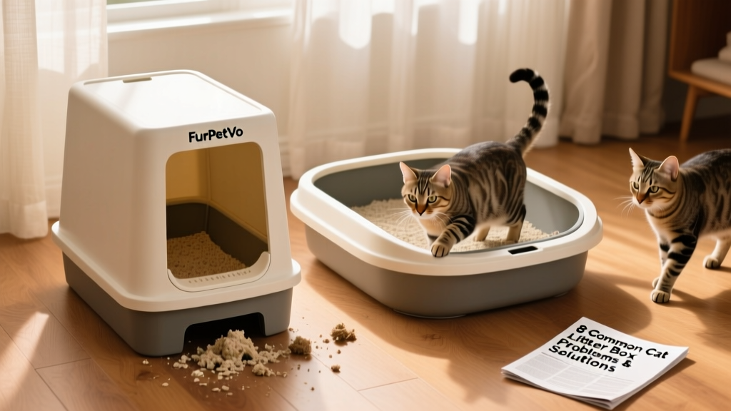 Side-by-side comparison of a standard litter box and a spacious, low-sided FurPetVo litter box