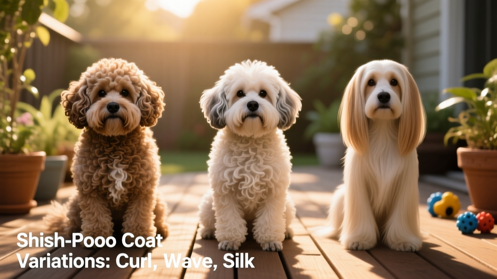 Side-by-side comparison showing coat variations in three Shih-Poos: one with tight curls, one with soft waves, and one with straight, silky fur