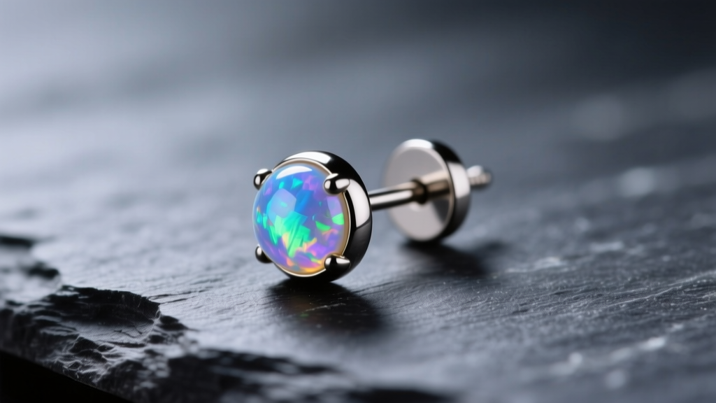 Macro shot of a 16-gauge titanium threadless earring with a 4mm opal ball end on dark slate under soft studio lighting