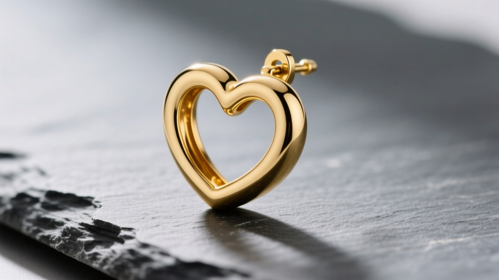 Macro shot of an 18-gauge 14k gold heart-shaped hoop earring on slate, highlighting the inner cleft and clicker clasp.