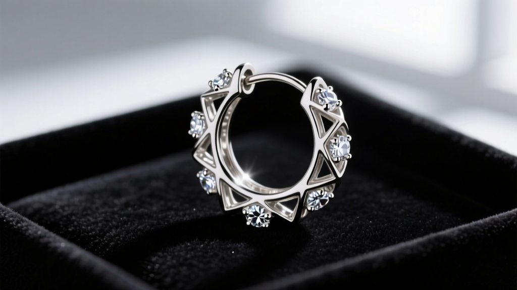 Restored silver-tone inside out hoop earring on dark velvet, showing a brilliant tarnish-free finish and intact rhinestones.