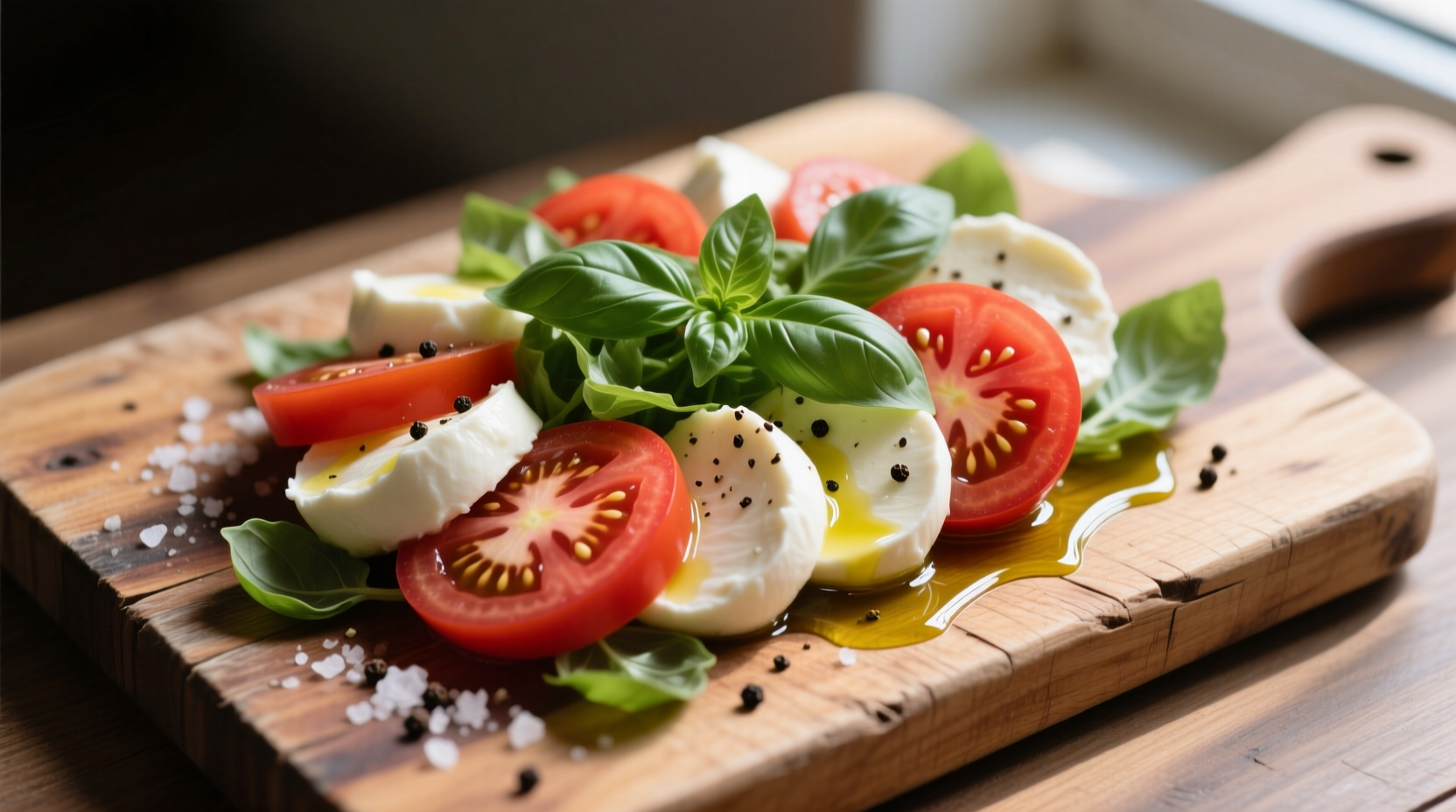 Fresh tomato and mozzarella Caprese salad on wooden board