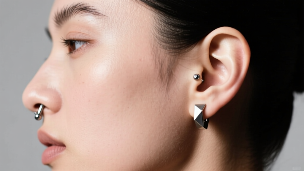Side profile showing asymmetric ear curation with a 16-gauge titanium flat-back labret in the left cartilage and a bare right ear
