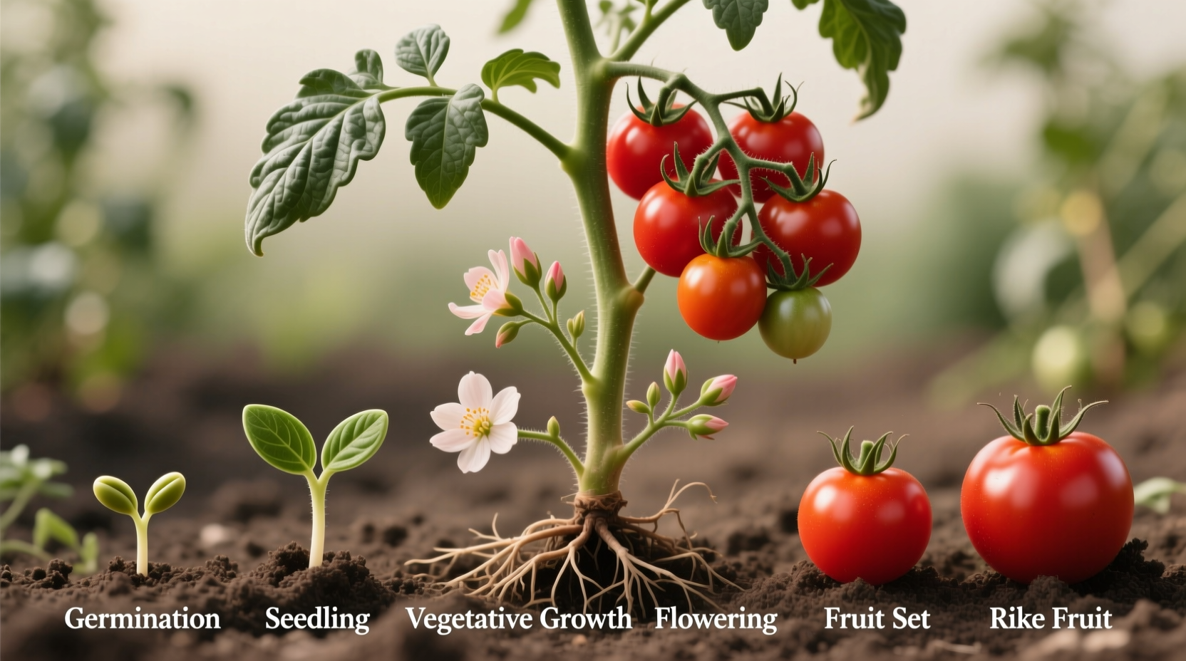 Tomato plant showing different growth stages from seedling to ripe fruit