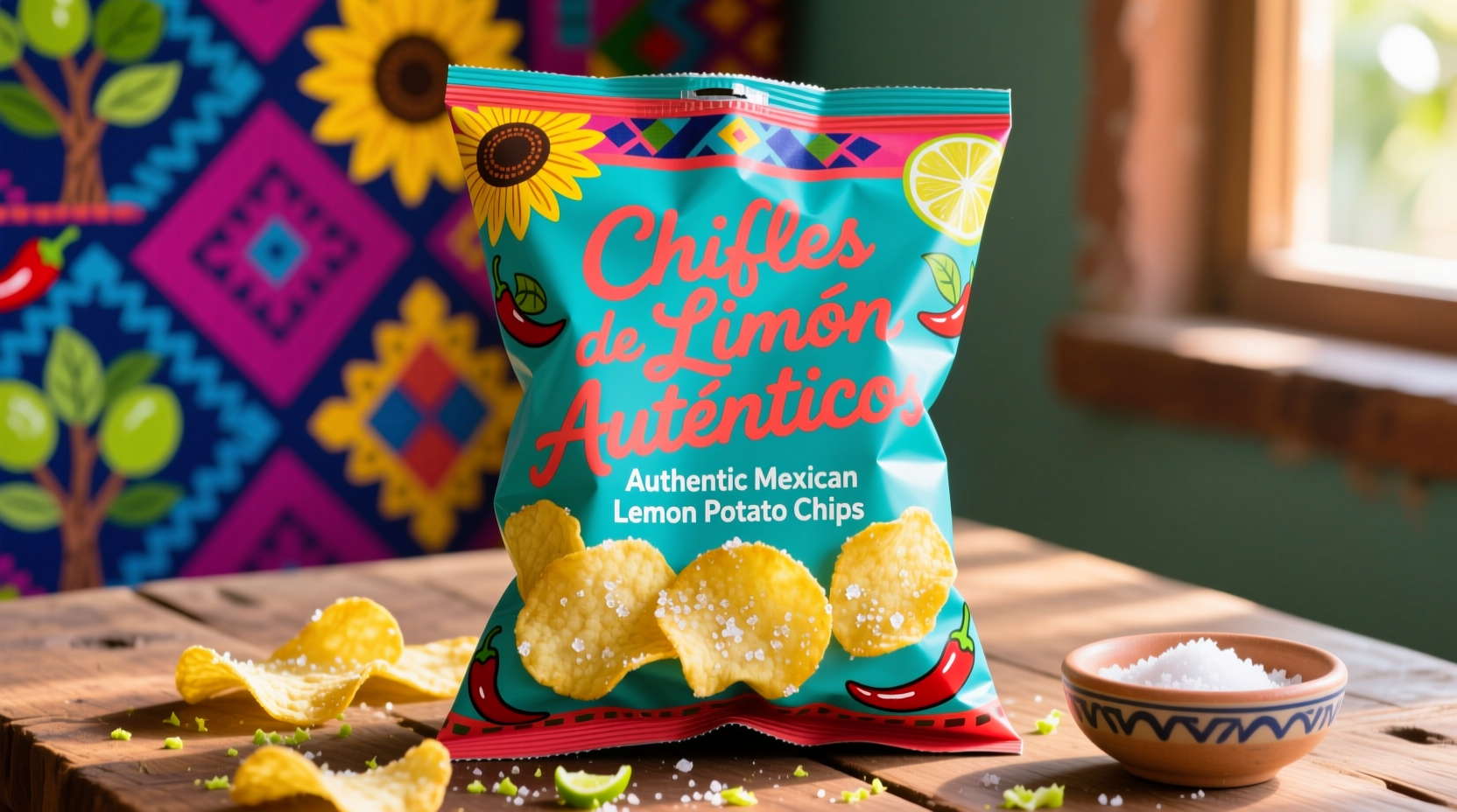 Colorful bag of authentic Mexican limon potato chips