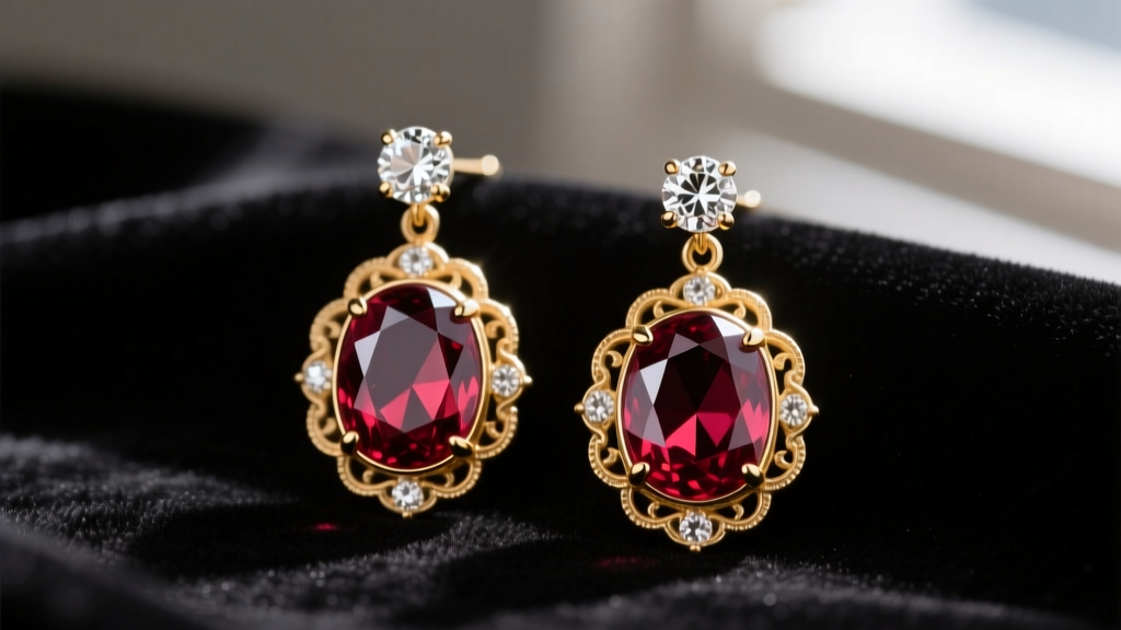 Macro shot of Victorian foil-backed almandine garnet drop earrings on dark velvet, highlighting rose-cut diamond halos and 15k gold.