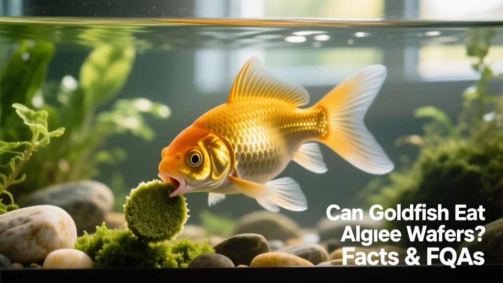 Goldfish nibbling on an algae wafer at the bottom of a clean, well-planted aquarium
