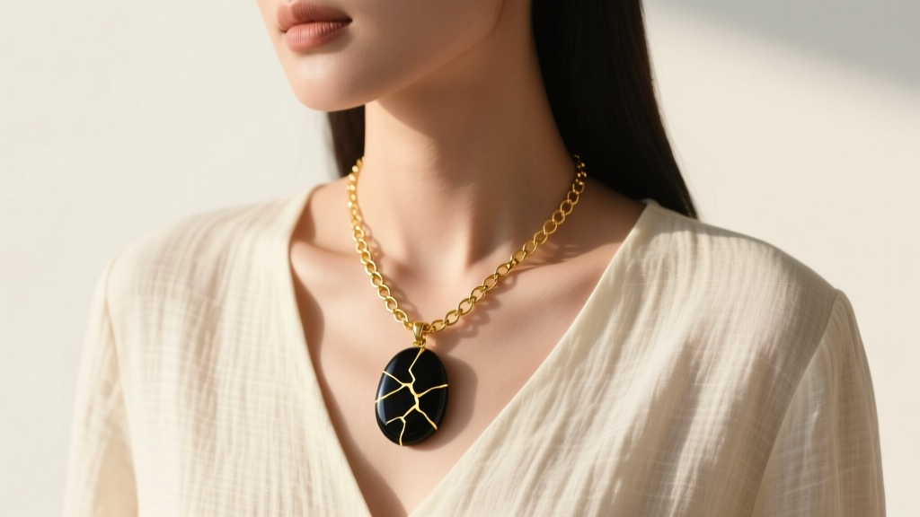 Woman wearing a delicate 14k gold rolo chain with a kintsugi-repaired obsidian pendant over a cream linen V-neck blouse.