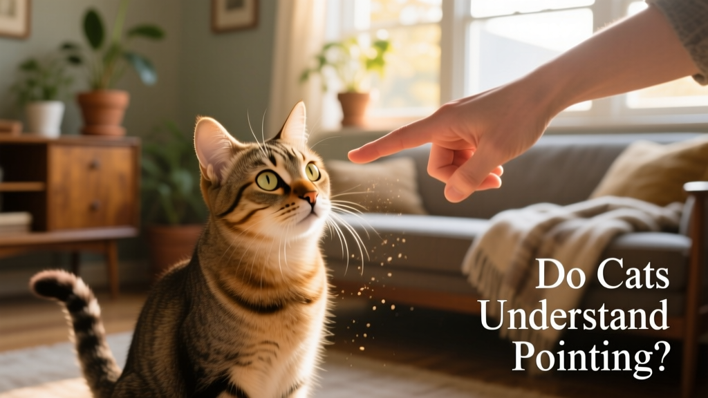 A curious cat looking toward a person's outstretched finger, slightly wary but engaged