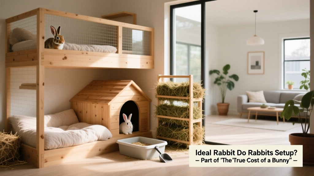 A spacious, multi-level rabbit habitat with soft bedding, a hideout, hay rack, and litter box—showcasing ideal setup elements