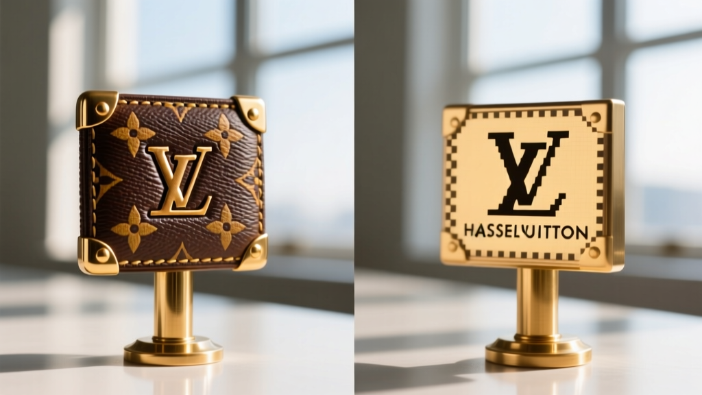 Side-by-side comparison of a crisp authentic Louis Vuitton stamp next to a blurry, shallow counterfeit stamp on a brass post