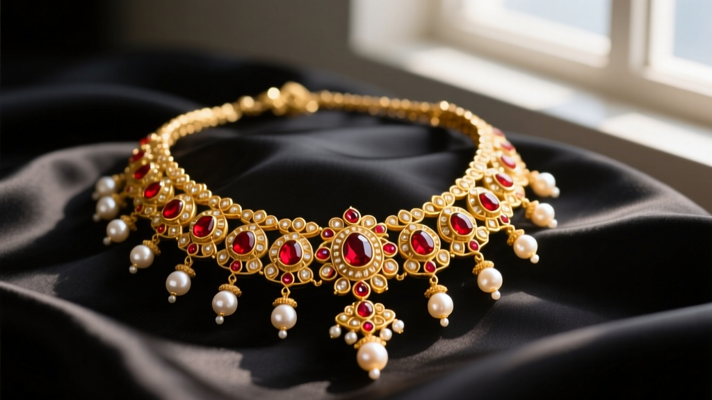 Close-up of a heavy 22k gold Lakshmi necklace featuring intricate red kemp stones and pearl drops resting on dark silk fabric.