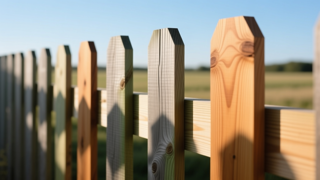 Rough-sawn western red cedar fence pickets with tight grain aligned against a pressure-treated pine backer rail in sunlight.