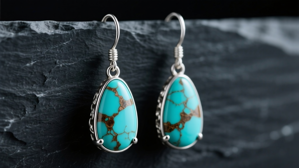 White turquoise drop earrings in oxidized sterling silver on dark slate, soft lighting highlighting the subtle brown matrix.