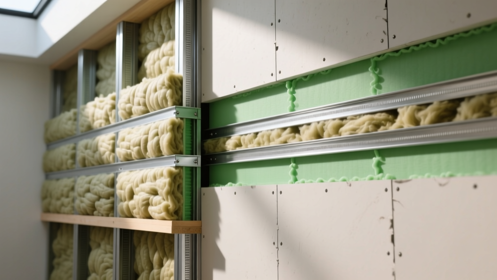 Cross-section of framed interior wall showing dense mineral wool batts, resilient channels, and double drywall with green damping compound