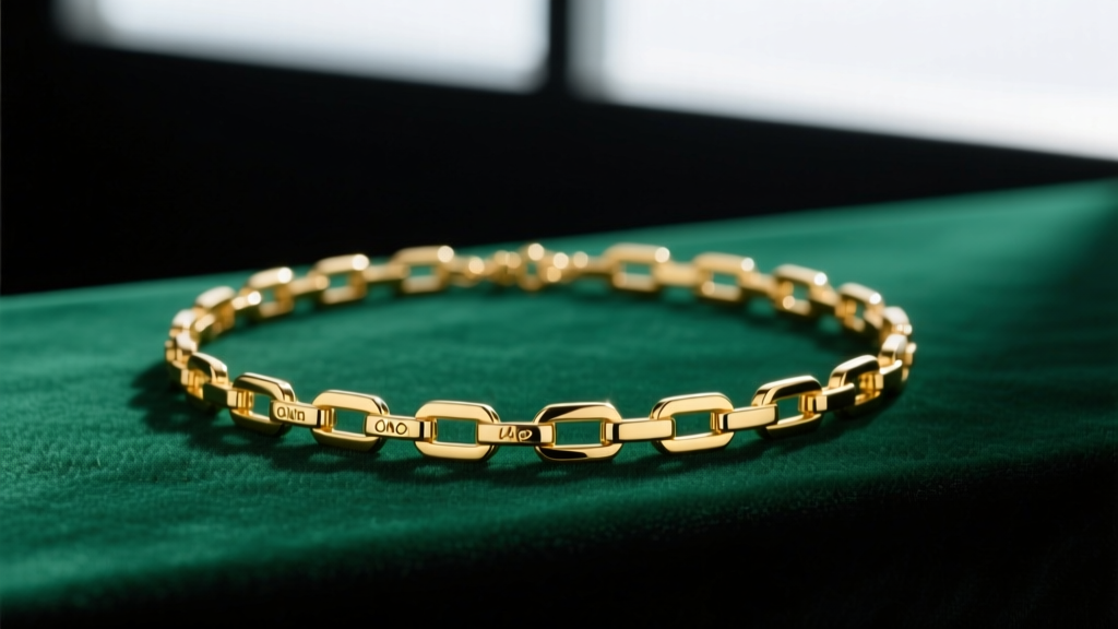 Flat-lay of a 5mm 14k yellow gold omega necklace on emerald velvet, soft studio lighting highlighting the reflective metal surface