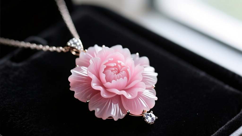 Macro shot of a carved pink jadeite carnation necklace pendant, detailing petal veins and a hidden diamond bail on dark velvet.