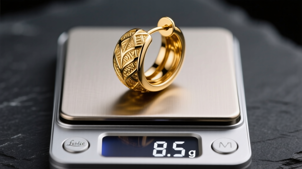 Macro shot of an 18k gold large ball earring on a digital jewelry scale showing 8.5 grams against a dark slate background