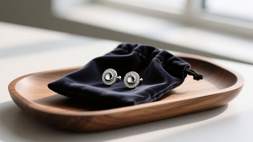 Polished fine silver stud earrings sealed in a dark anti-tarnish Pacific Silvercloth pouch, resting on a minimalist wooden tray.