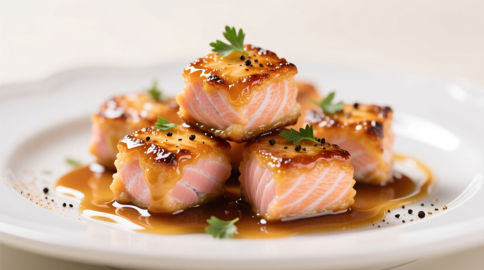 Golden honey garlic salmon bites on white plate