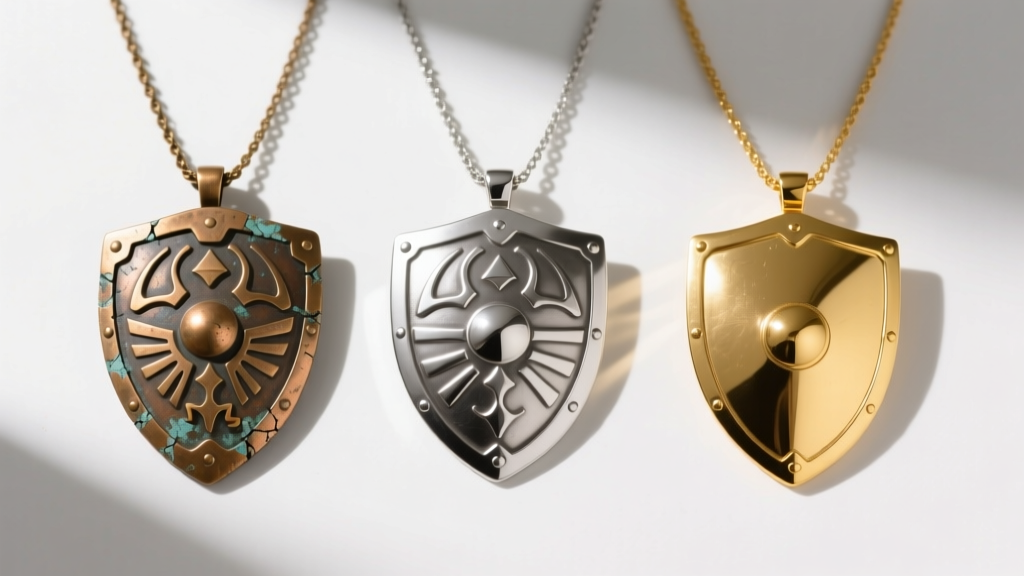 Flat lay comparison of three Hylian Shield necklaces: chipped brass alloy, mid-tier silver piece, and premium solid gold version.