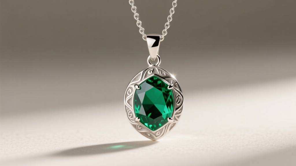 Artisan-crafted sterling silver Sonata Dusk pendant featuring a faceted lab-created emerald, displayed on a delicate silver chain.