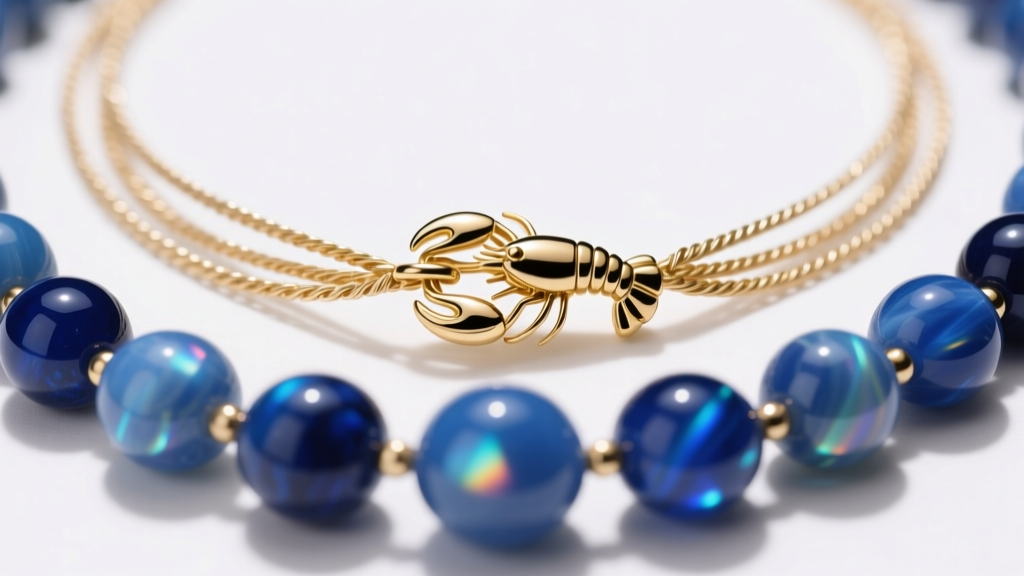 Close-up of a 15mm gold lobster clasp securing a multi-strand wire necklace with large, polished blue chalcedony stone beads.