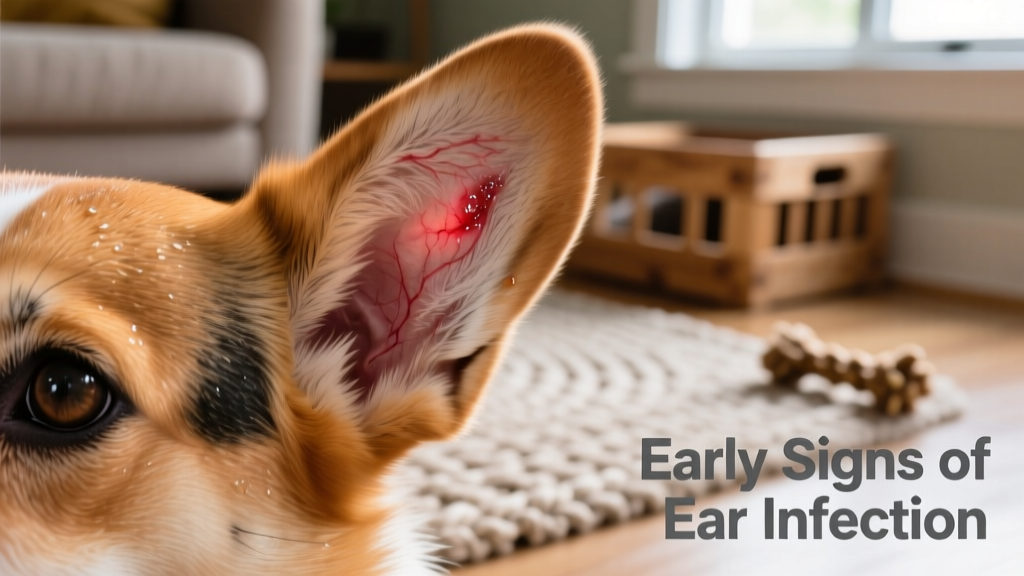 Close-up of a dog's ear showing redness and mild discharge, highlighting signs of early infection