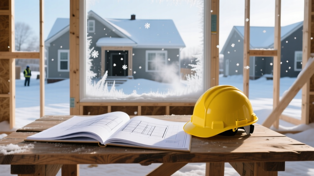Blueprints and a yellow hard hat on a wooden table overlooking a snowy Michigan residential construction site with framed walls