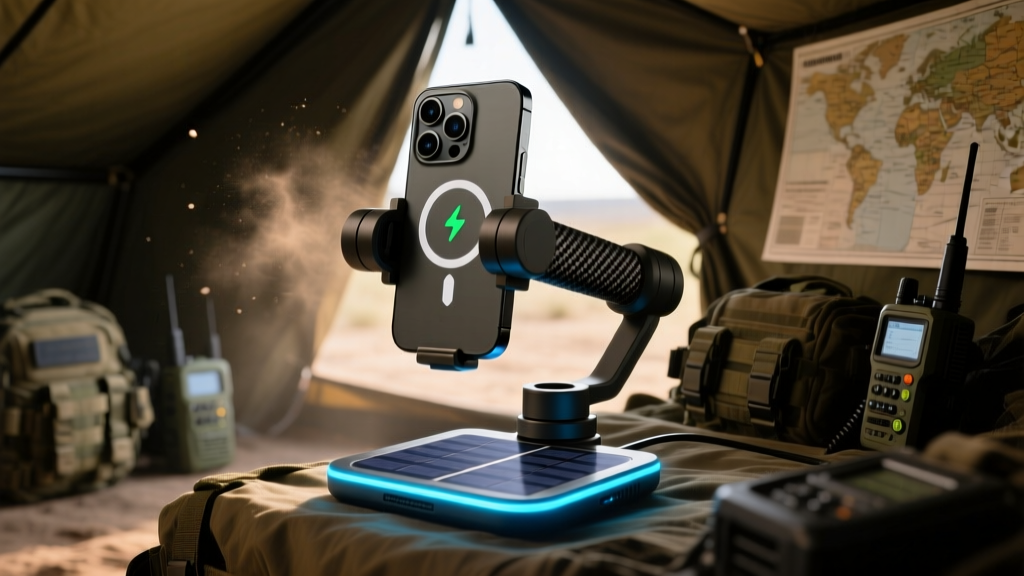 Close-up of a rugged smartphone mounted on an eco-friendly gimbal grip with a solar-powered wireless charging pad glowing in a dimly lit emergency command tent