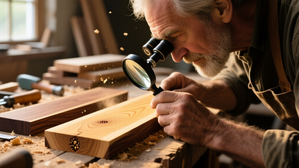 Close-up of a woodworker examining the end grain of oak and walnut boards with a 10x magnifying loupe on a dusty workbench