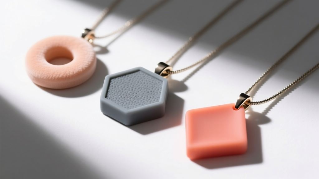 Macro shot of three sensory pendants in varying thicknesses and geometric shapes, showing soft, medium, and hard silicone textures