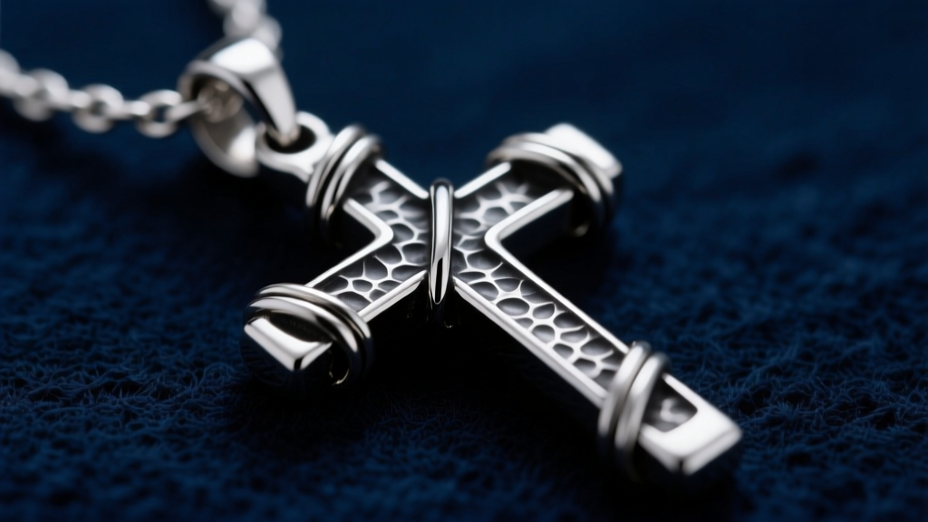 A close-up macro shot of a .925 sterling silver nail cross pendant with black rhodium plating, highlighting the textured hammered metal surface and wire wrap details against dark velvet.