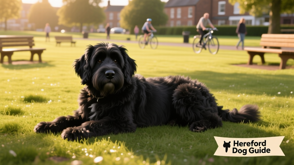 a fluffy black dog lying down in a dog-friendly park in Hereford