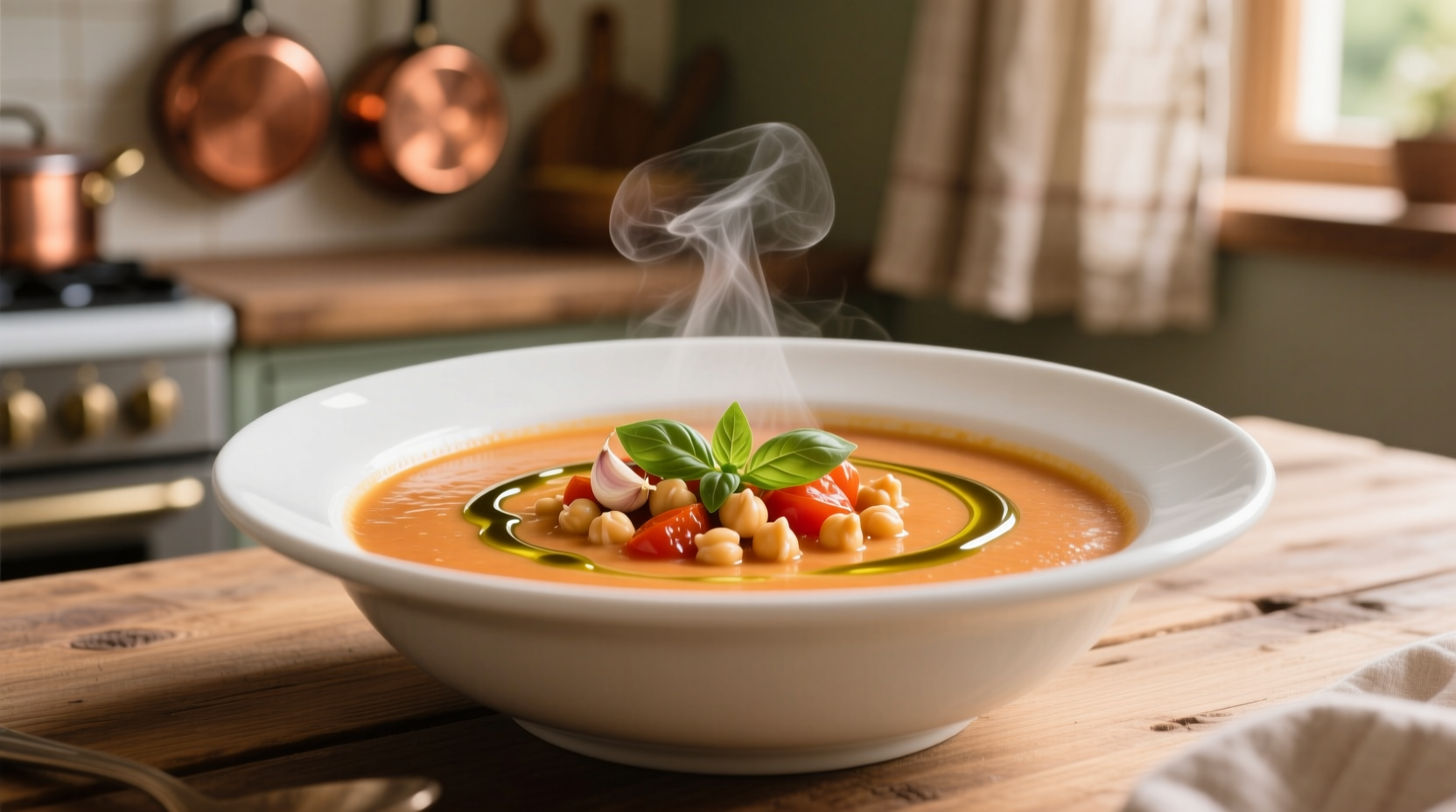 Creamy chickpea tomato soup in white bowl