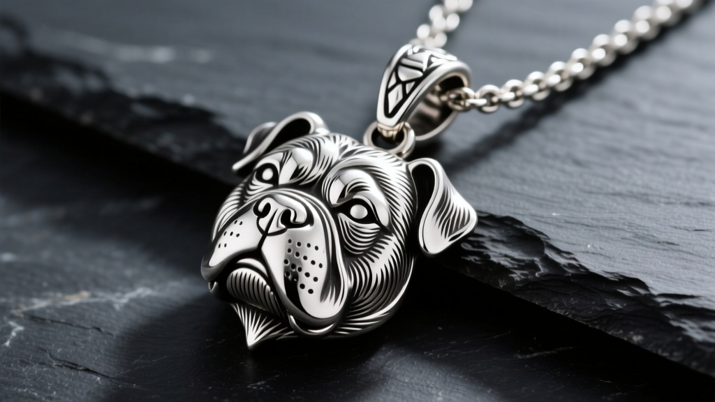 Heavy sterling silver pitbull dog pendant necklace on dark slate, showing intricate fur engraving and a sturdy lobster clasp