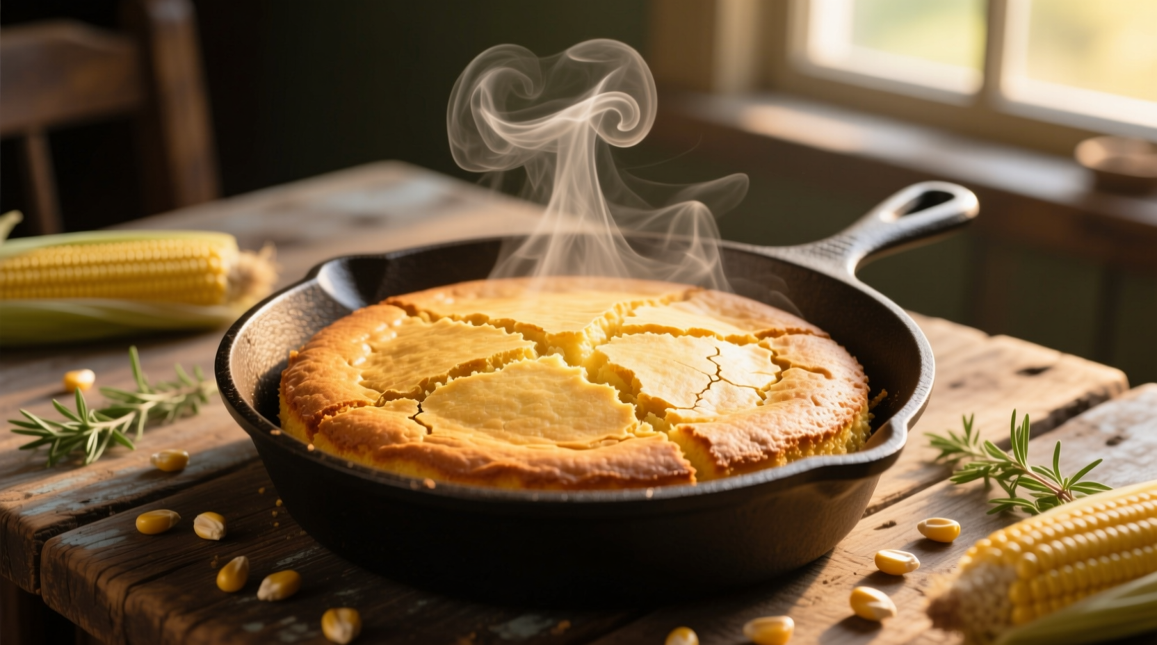 Golden cornbread in cast-iron skillet with steam rising