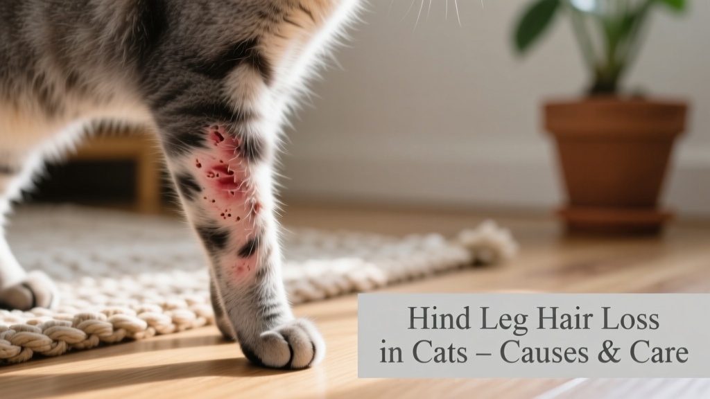 Close-up of a cat’s hind leg showing patchy hair loss and mild redness on the skin