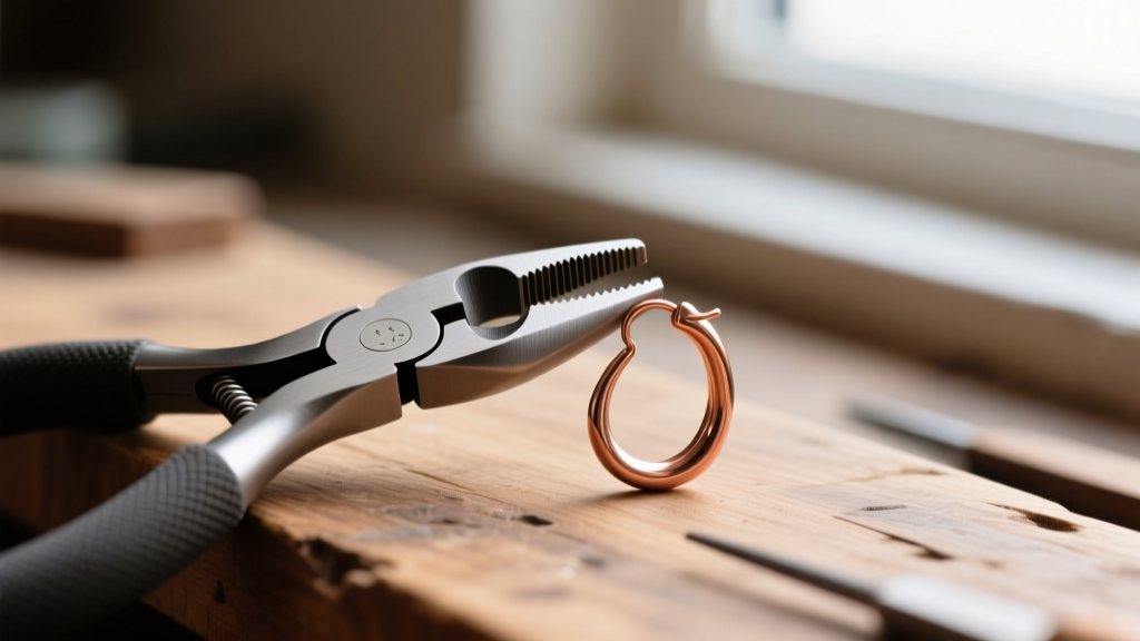 Nylon-jaw jewelry pliers gently bending a copper hook type earring loop to adjust its angle, resting on a wooden jeweler's workbench.