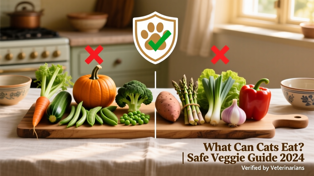 Side-by-side comparison: safe veggies (carrot, zucchini, pumpkin) vs. unsafe ones (onion, garlic, chives) with FurPetVo safety icon